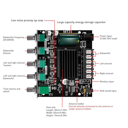 MT21 Bluetooth Power Amplifier Board, 2.1 Channel DC 12V to 24V HiFi DIY Audio Power Amp Module for 20 to 100W 4 to 8?