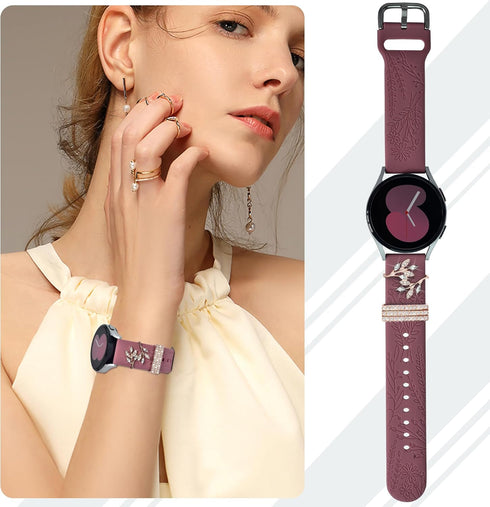 Bands for Samsung Galaxy Watch 7/6/5/4, 40mm 44mm with Charms, Women Flower Engraved Silicone Strap