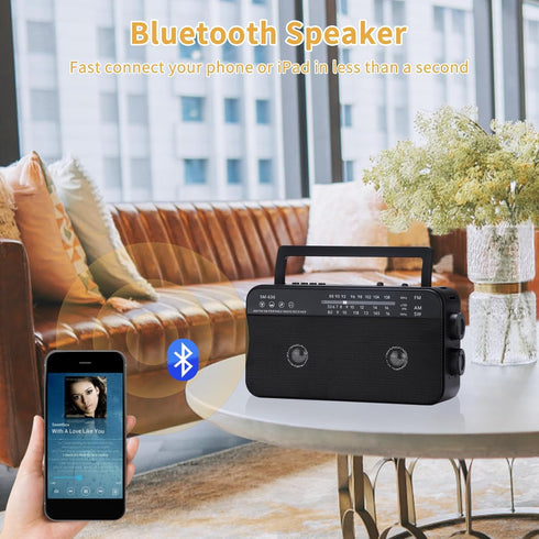 Portable AM FM Shortwave Radio with Bluetooth Speaker, 3X D Cell Batteries or AC Power, Loud Speaker
