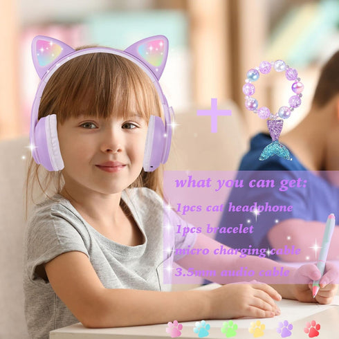 Wireless Cat Ear Headphones for Kids - LED Light Up Bluetooth Headphones with Microphone for School, Travel, Sports,