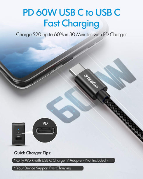CLEEFUN 5-Pack USB C to USB C Cable 3ft, 60W USBC to USBC Cable, Type C to Type C Charger Fast Charging Cord for iPhone 15/15 Pro Max/15 Plus, for iPad/MacBook, for Samsung Galaxy S24 S23