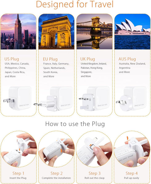 100W USB C GaN Wall Charger, Foldable 4-Port PD USB-C Charger with Traveller Adapters for Phones and Laptops