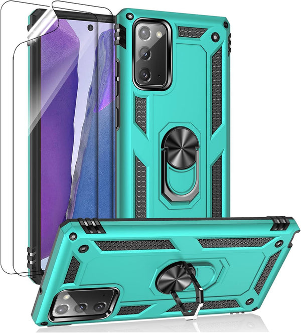 for Samsung Galaxy Note 20 Case, Note20 5G with HD Screen Protectors, Military-Grade Metal Ring Holder Kickstand, Teal
