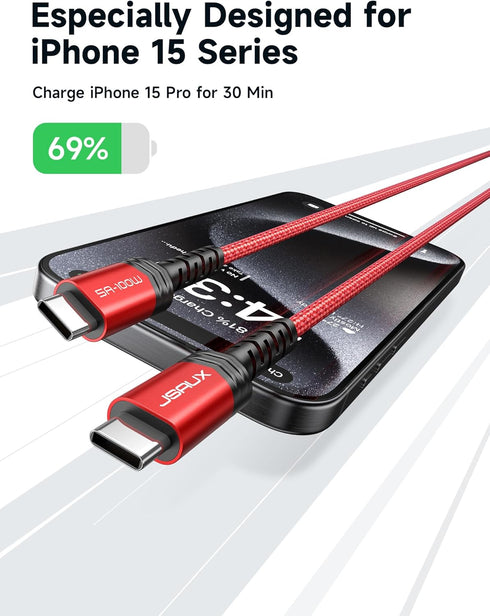 JSAUX 100W USB C to USB C Cable (2-Pack 6.6FT) - Fast Charging Cord for iPhone 15 Pro Max, Samsung S24, MacBook Pro/Air.