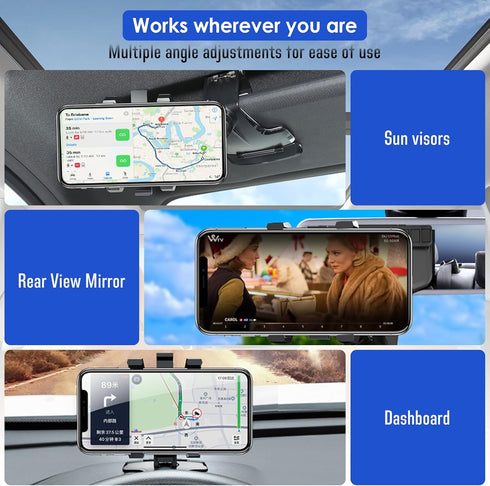 Multifunctional Car Phone Holder for Dashboard, Sun Visor, Rearview Mirror, 360° Rotatable and Retractable