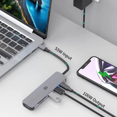 USB C to 4K HDMI Adapter for MacBook Pro Air, 6 in 1 USB-C Digital AV Multiport Dongle Adapter with USB3.0 & 2.0/SD/TF