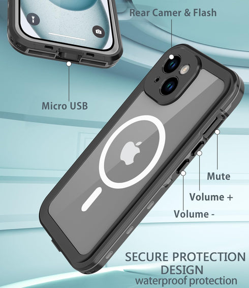 iPhone 15 Plus Case, Waterproof Shockproof IP68 with Built-in Screen Protector and Magnetic Ring, Black