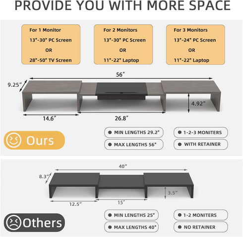 WESTREE Triple Dual Monitor Stand Riser, 56" Extra Long Adjustable Monitor Stand, 3 Shelf Desktop Organizer for Computer