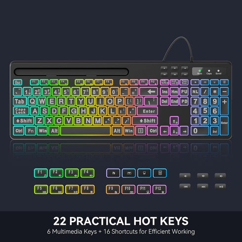 MARVO Large Print Backlit Keyboard, WK712 Wired Computer Keyboard with 7 Colors & 11 Modes for Windows, Mac
