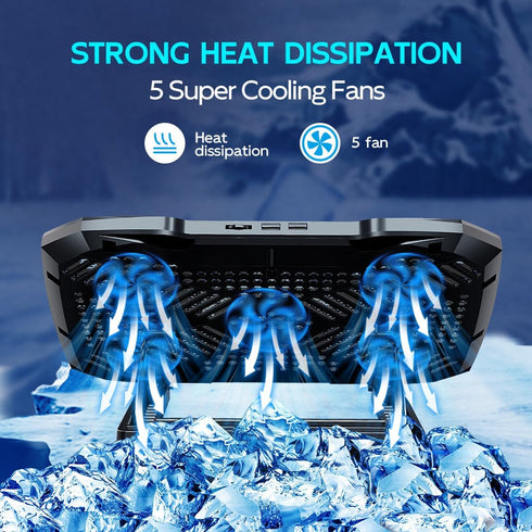 Laptop Cooling Pad Stand with 5 Quiet Fans, Adjustable Angles for 12-15.6 Inch Notebooks (Black)