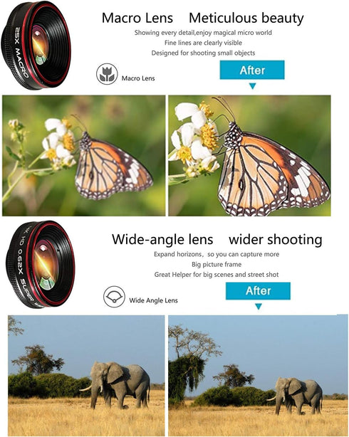 Phone Camera Lens Kit 10 in 1 for iPhone, Samsung, Android, 22X Telephoto, 0.62X Wide Angle, Macro, Black