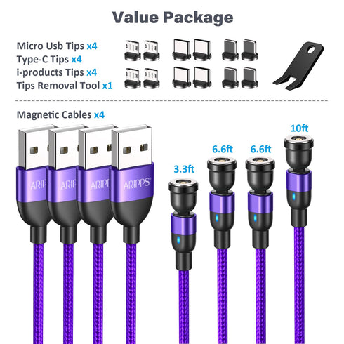 Magnetic Charging Cable 4 Pack (3.3ft/6.6ft/6.6ft/10ft), 540 Degree Rotating Magnetic Phone Charger Cable, 3 in 1 Nylon