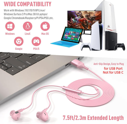 USB Headphone for PC Laptop Magnetic 7.5ft Wired Earbuds Computer Headset with Microphone Control Mute Mic Lightweight Noise Isolate Cord in-Ear Gaming Earphone for MacBook Pro Office Work School Zoom