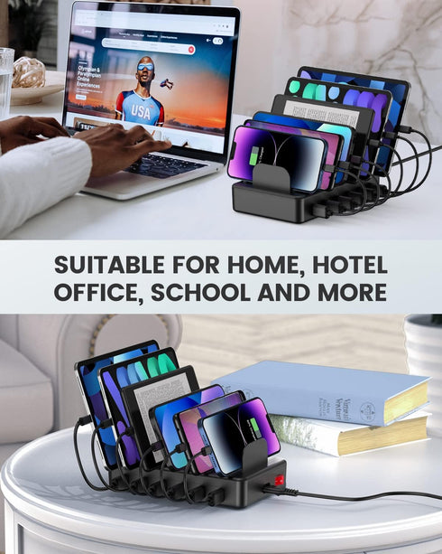 CREATIVE DESIGN Charging Station 50W, 6 Ports Multi Charger Station with 6 Charging Cables, USB Charging Dock for