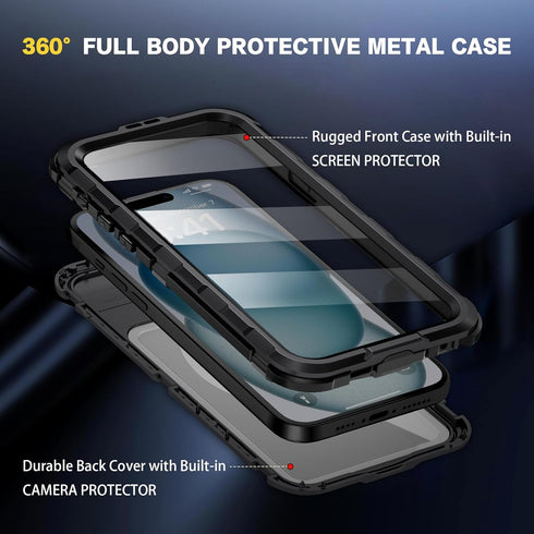 iPhone 15 Pro Max Waterproof Case Compatible with MagSafe, Metal Heavy Duty IP68 Underwater Built-in Screen Protector,