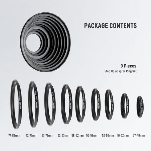 Neewer 9 Pieces Lens Filter Rings Set, Anodized Aluminum, Includes 37-49mm to 77-82mm