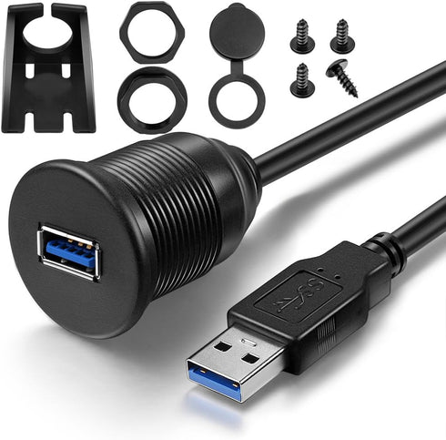 USB 3.0 Male to Female AUX Flush Mount Car Extension Cable, 6 Feet, Black