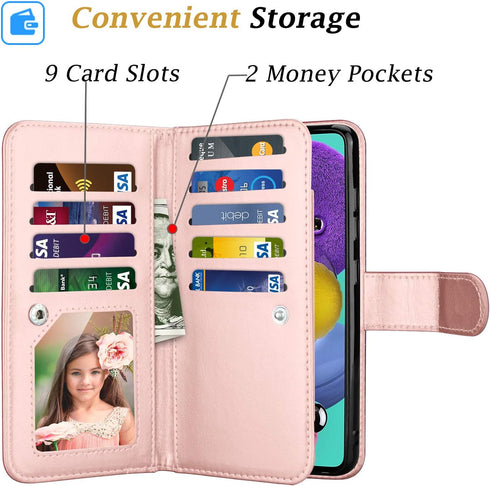 Takfox Galaxy A71 5G Case, PU Leather Wallet Case with 9 Card Slots and Lanyard for Samsung Galaxy A71 5G-Rose Gold