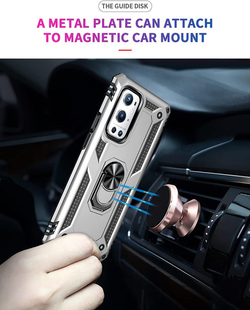 Military Grade Drop Impact Case for Oneplus 9 Pro, 360 Metal Rotating Ring Kickstand Holder, Shockproof (Silver)