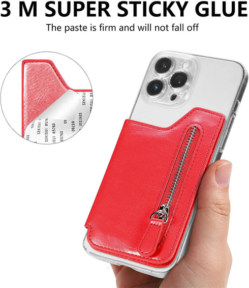 Phone Wallet Stick On, Flip PU Leather Card Holder with Zipper Closure Coin Pocket, Magnetic Closure for