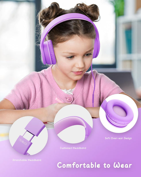 K16 Wired Headphones with Microphone, On-Ear Headphones for Kids with 3.5MM Jack, Foldable Stereo Bass Headphones for