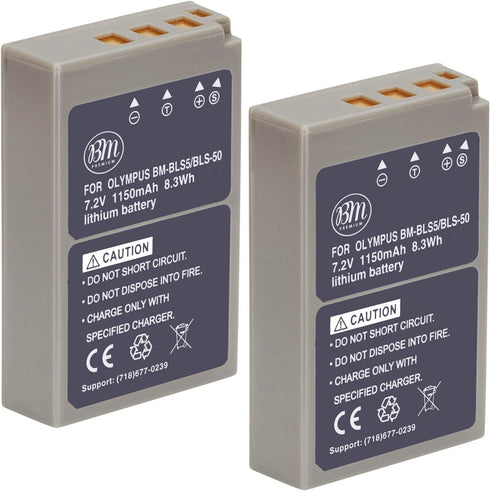 BM Premium 2 Pack BLS-50, PS-BLS5 Batteries for Olympus OM-5, E-M5 III, E-M10 IV, E-PL10, Stylus 1 Cameras