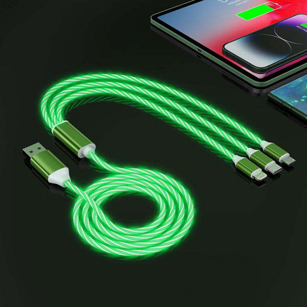 3-in-1 Multi USB Universal Flowing LED Light Up Phone Charge Cable, Lightning+Type C+Micro USB for iPhone 14/13/12