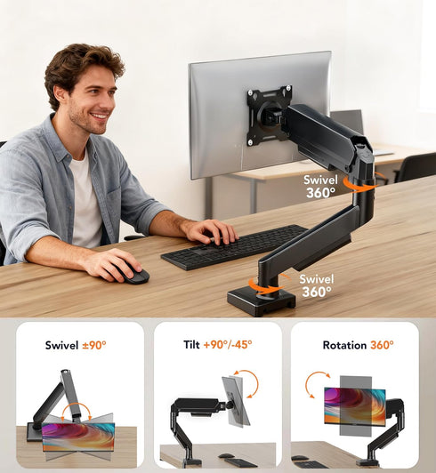 Hemudu 17-32 inch Grommet 4.4 22lbs HD09B-001 Single Monitor Mount, Gas Spring Arm for Screens Adjustable Monitor