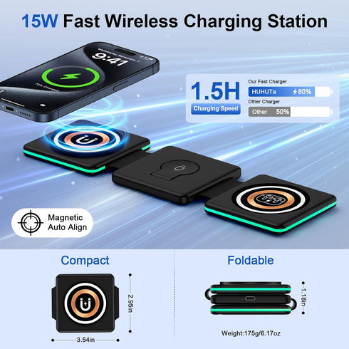Magnetic Wireless Charging Station for iPhone MagSafe Charger, 3 in 1 Foldable Charger Dock for Travel, Wireless