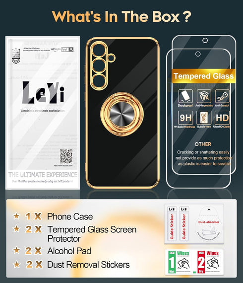 LeYi Samsung Galaxy A35 5G Case with Tempered Glass Screen Protector, 360° Rotatable Ring Holder, Black