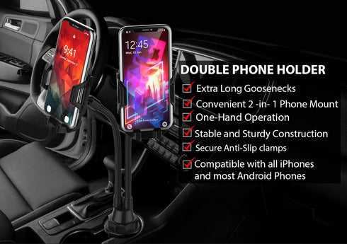 Double Phone Holder for Car Cup Holder – Flexible Neck, 360° Rotatable Cradle Car Phone Mount, Fits 2 iPhone, Samsung,