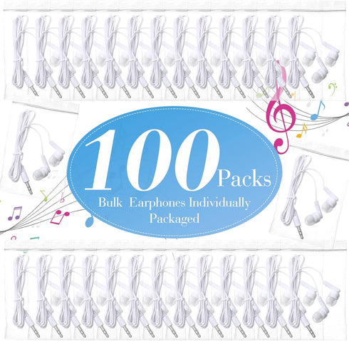 Kanayu 100 Pack Wired Earbuds, White Ear Headphones for Classroom, No Microphone with 3.5 MM Jack for Kids