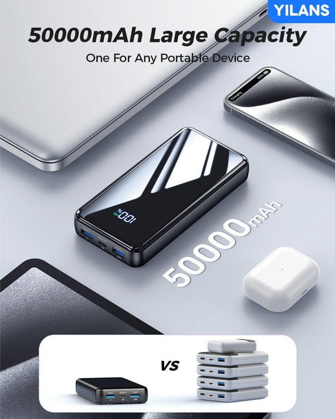 YILANS Charger,50000mAh 22.5W Pack 6 2 17/16/15/14/13/12(Black) Portable Power Bank Built-in Cable, PD USB C In & Out