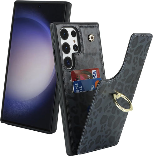 for Samsung Galaxy S23 Ultra Case with Card Holder,Galaxy S23 Ultra Case Wallet for Women,Credit Card Holder,Ring Stand,Cute Phone Wallet Cases 6.8"(Black Leopard)