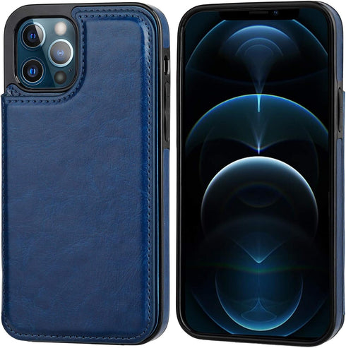 ONETOP Wallet Case for iPhone 12 and iPhone 12 Pro, PU Leather Kickstand with Card Holder, Shockproof Cover, Blue