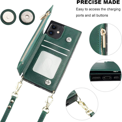 Bocasal Crossbody Wallet Case for iPhone 12/12 Pro, Zipper Card Slot Protector, Shockproof Purse Cover with Removable