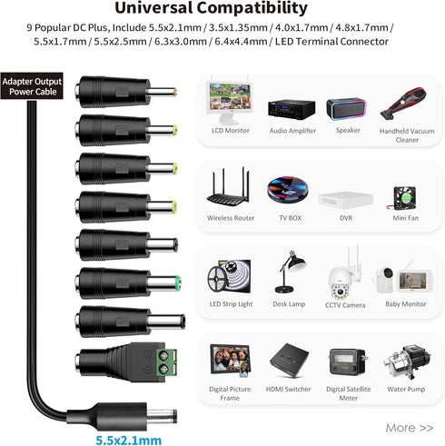 Tonton 12V 2A 6Ft 24W 100-240V 8Tips 12Volt 2A 1.8A 1.5A 1.2A 1A 0.5A Power Supply Adapter, Universal Charger AC