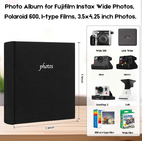 Photo Album for Fujifilm Instax Wide 300 Camera, Linen Cover, 120 Pockets Photo Album with Writing Space for Polaroid Now OneStep2 OneStep+ Instant Camera, POP Lab Print Camera (Black) by Veicevol