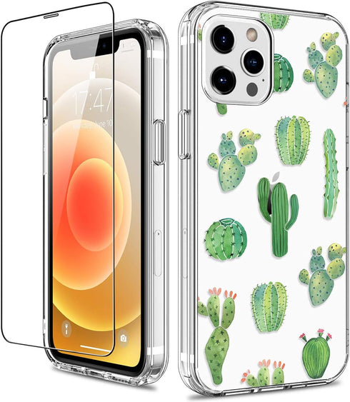 GiiKa iPhone 12 Pro Max Case with Screen Protector, Clear Full Body Shockproof Protective Floral Hard Case, Green Cactus