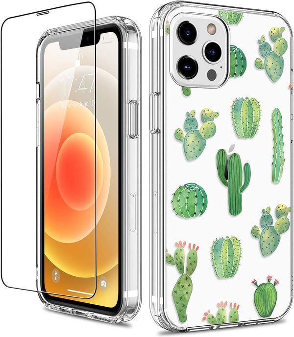 GiiKa iPhone 12 Pro Max Case with Screen Protector, Clear Full Body Shockproof Protective Floral Hard Case, Green Cactus