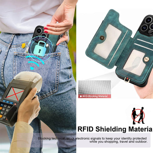 JanCalm iPhone 13 Pro Leather Flip Case, Card Holder, RFID-Blocking, Magnetic, Ring Holder in Green