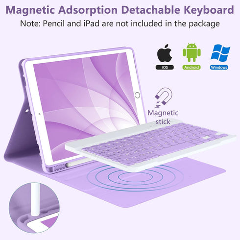 Keyboard Case for iPad 10.2" 9th/8th/7th Generation, Purple, with Detachable Bluetooth Keyboard and Pencil Holder