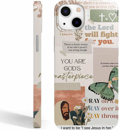 Jesus Flowers iPhone 13 Case, Christian Bible Verse Butterfly Collage, Smooth Tough PC Full Cover for Men Women