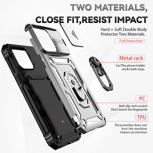 Hitaoyou Compatible with iPhone 15 Pro Max Case, Military Grade Shockproof Case with Camera Cover & Kickstand (Silver)