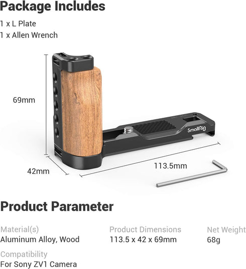 SMALLRIG L-Shape Bracket with Wooden Grip and Cold Shoe for Sony ZV1 Digital Camera - 2936