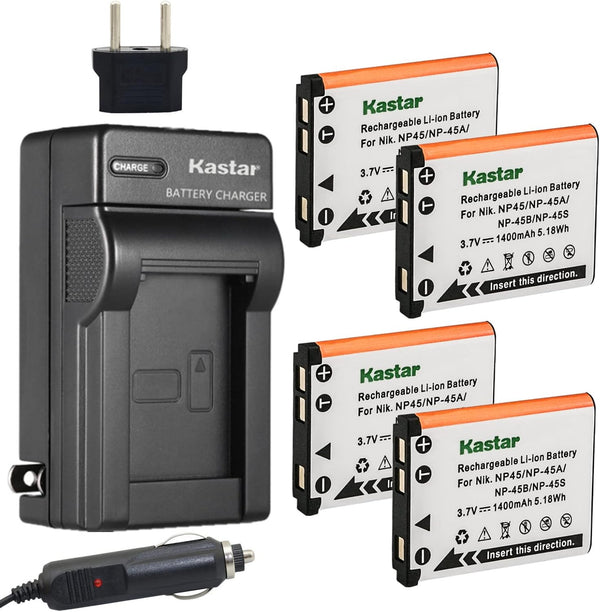 Kastar Battery (4-Pack) and Charger Kit for Fujifilm NP-45, NP-45A, NP-45B, NP-45S, FinePix XP20, XP22, XP30, XP50,