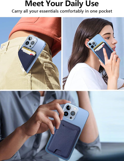 TopMade Magnetic Wallet Card Holder for iPhone 14/13/12 Mag-Safe Series, Leather, RFID Blocking, Fit 4 Cards, Blue