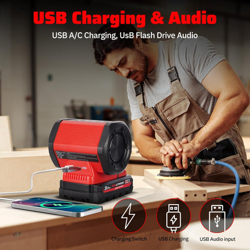 ohyes Bluetooth Speaker, Compatible with Milwaukee M18 Battery Packs, USB-A/C Charging for Jobsite, Camping & Parties