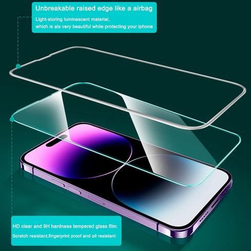 2 Pack Luminous Airbag Tempered Glass Screen Protector for iPhone 14 Pro Max(6.7") with Easy Installation Frame, HD Clear Film with Glowing Raised Edges, Strong Protection and Amazing Look