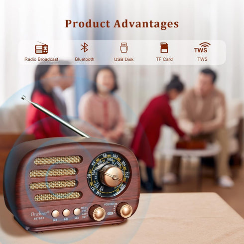 Portable Vintage Radio Bluetooth Speaker, FM/AM/SW Classic Style, Rechargeable Battery Powered & USB Charging